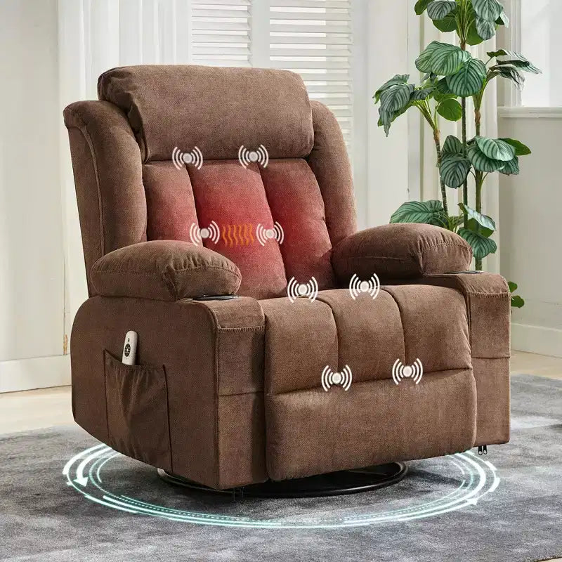 Fauteuil inclinable pivotant sur 360° surdimensionné avec fonctions chauffante et massante. Fauteuil à bascule large pour personnes de grande taille et fortes, 3 positions, porte-gobelets, port USB et pochette. Le fauteuil de relaxation par excellence.
