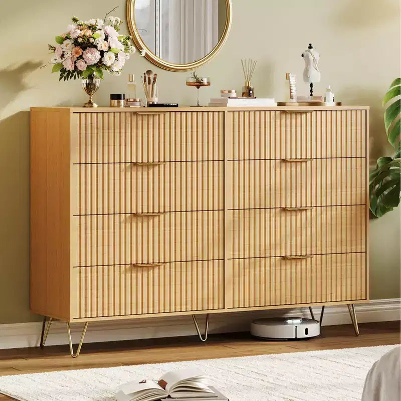Commode moderne en bois avec 8 tiroirs cannelés, grand meuble de rangement avec poignées métalliques, commode de chambre anti-basculement pour chambre à coucher, salon, couloir