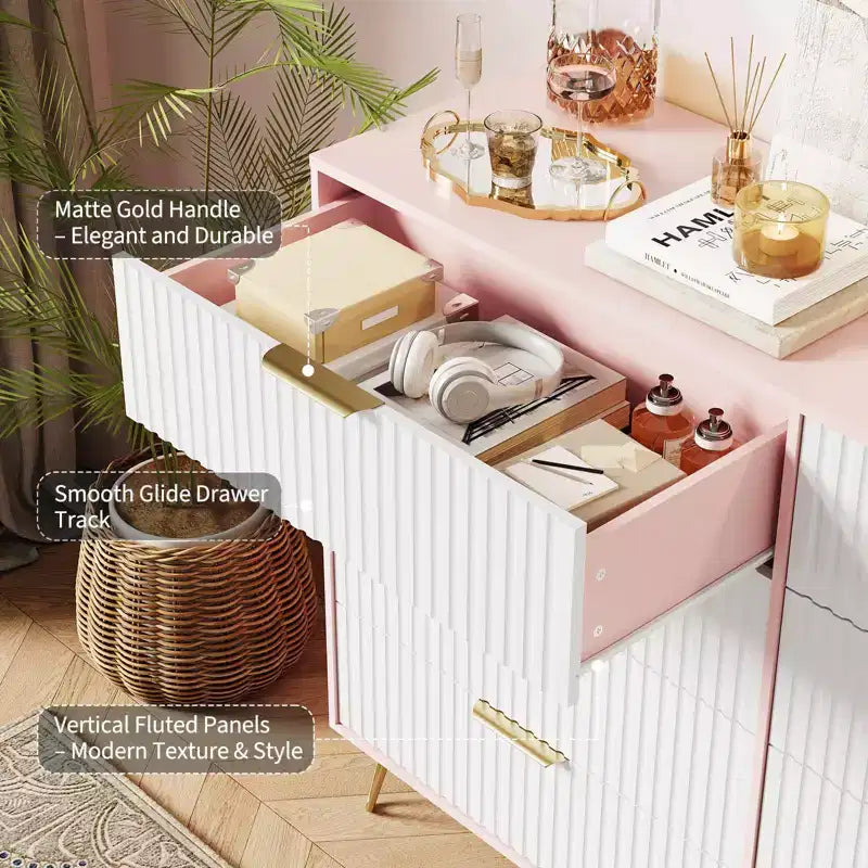 Commode moderne en bois avec 8 tiroirs cannelés, grand meuble de rangement avec poignées métalliques, commode de chambre anti-basculement pour chambre à coucher, salon, couloir