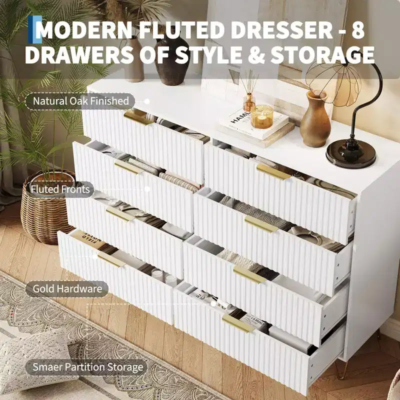 Commode moderne en bois avec 8 tiroirs cannelés, grand meuble de rangement avec poignées métalliques, commode de chambre anti-basculement pour chambre à coucher, salon, couloir