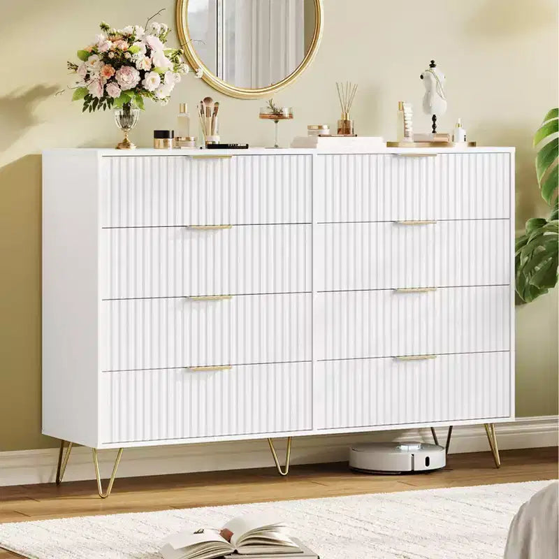 Commode moderne en bois avec 8 tiroirs cannelés, grand meuble de rangement avec poignées métalliques, commode de chambre anti-basculement pour chambre à coucher, salon, couloir