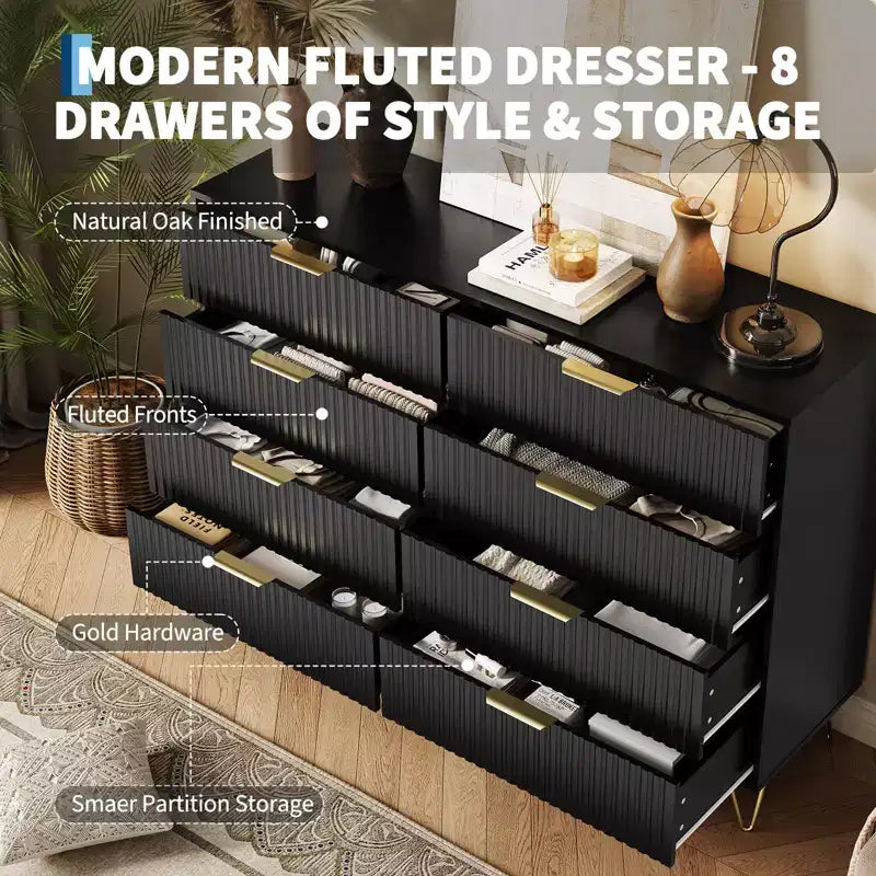Commode moderne en bois avec 8 tiroirs cannelés, grand meuble de rangement avec poignées métalliques, commode de chambre anti-basculement pour chambre à coucher, salon, couloir