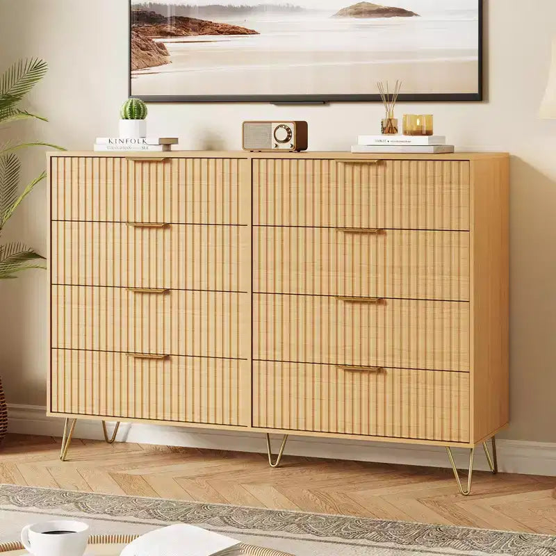 Commode moderne en bois avec 8 tiroirs cannelés, grand meuble de rangement avec poignées métalliques, commode de chambre anti-basculement pour chambre à coucher, salon, couloir