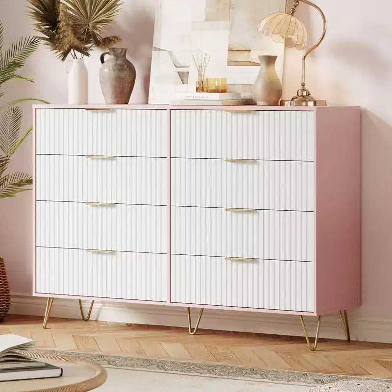 Commode moderne en bois avec 8 tiroirs cannelés, grand meuble de rangement avec poignées métalliques, commode de chambre anti-basculement pour chambre à coucher, salon, couloir
