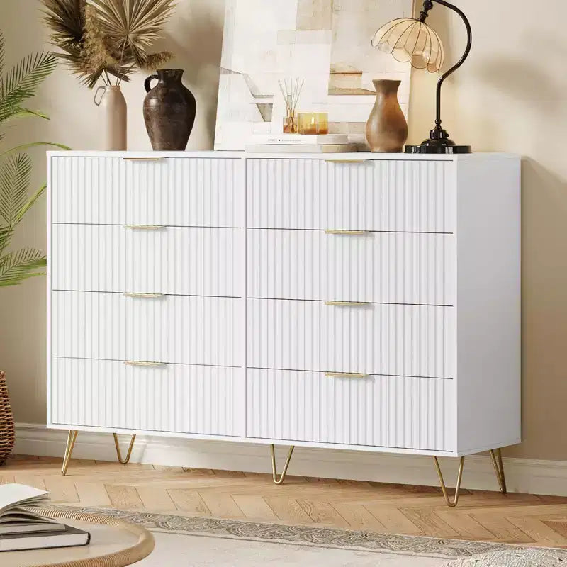 Commode moderne en bois avec 8 tiroirs cannelés, grand meuble de rangement avec poignées métalliques, commode de chambre anti-basculement pour chambre à coucher, salon, couloir