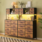 Commode de chambre, commode en tissu à 12 tiroirs avec éclairage, prise de courant et étagères ouvertes, plateau en bois et cadre métallique