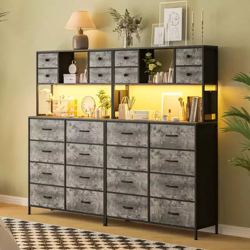 Commode de chambre, commode en tissu à 12 tiroirs avec éclairage, prise de courant et étagères ouvertes, plateau en bois et cadre métallique