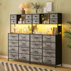 Commode de chambre, commode en tissu à 12 tiroirs avec éclairage, prise de courant et étagères ouvertes, plateau en bois et cadre métallique
