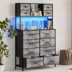 Commode de chambre, commode en tissu à 12 tiroirs avec éclairage, prise de courant et étagères ouvertes, plateau en bois et cadre métallique