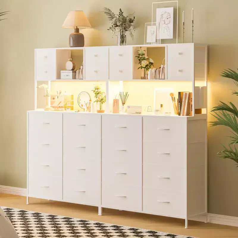 Commode de chambre, commode en tissu à 12 tiroirs avec éclairage, prise de courant et étagères ouvertes, plateau en bois et cadre métallique