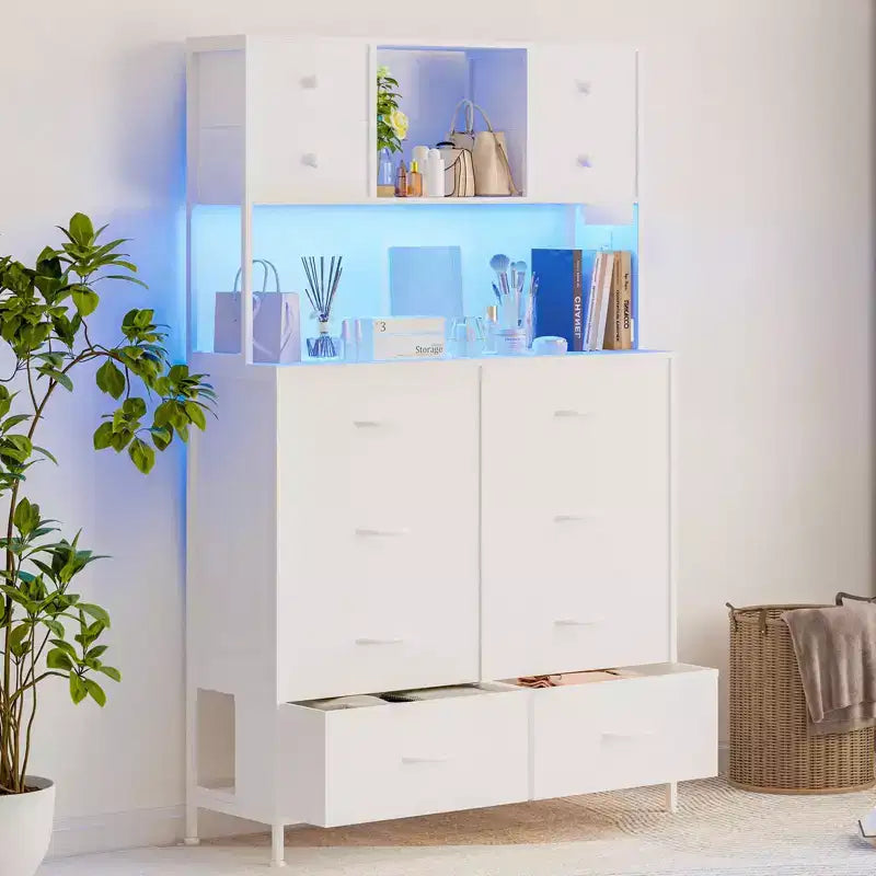 Commode de chambre, commode en tissu à 12 tiroirs avec éclairage, prise de courant et étagères ouvertes, plateau en bois et cadre métallique
