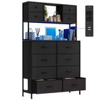 Dresser for Bedroom, 12-Drawer Fabric Chest with Lighting, Power Outlet and Open Shelves, Wood Top & Metal Frame