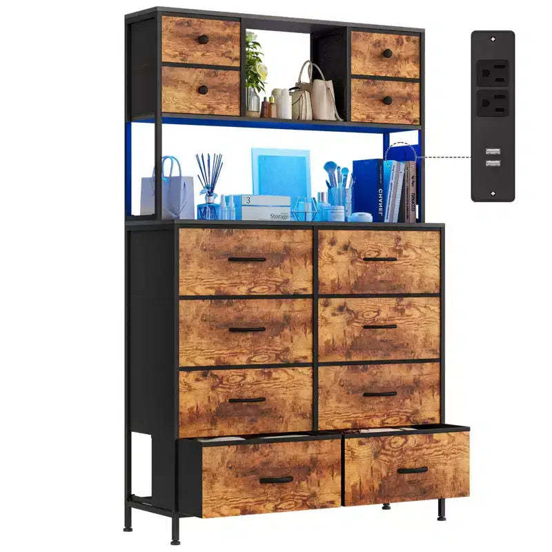 Commode de chambre, commode en tissu à 12 tiroirs avec éclairage, prise de courant et étagères ouvertes, plateau en bois et cadre métallique