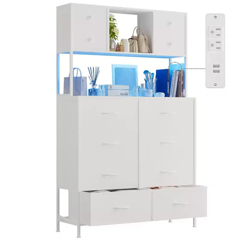 Commode de chambre, commode en tissu à 12 tiroirs avec éclairage, prise de courant et étagères ouvertes, plateau en bois et cadre métallique