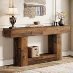 Table console Lantine de 63 pouces, Table d'entrée de style ferme à 2 niveaux avec base en U pour salon, couloir, foyer, marron mélangé