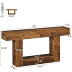 Table console Lantine de 63 pouces, Table d'entrée de style ferme à 2 niveaux avec base en U pour salon, couloir, foyer, marron mélangé
