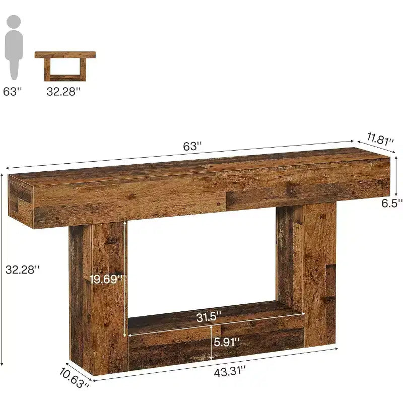 Table console Lantine de 63 pouces, Table d'entrée de style ferme à 2 niveaux avec base en U pour salon, couloir, foyer, marron mélangé