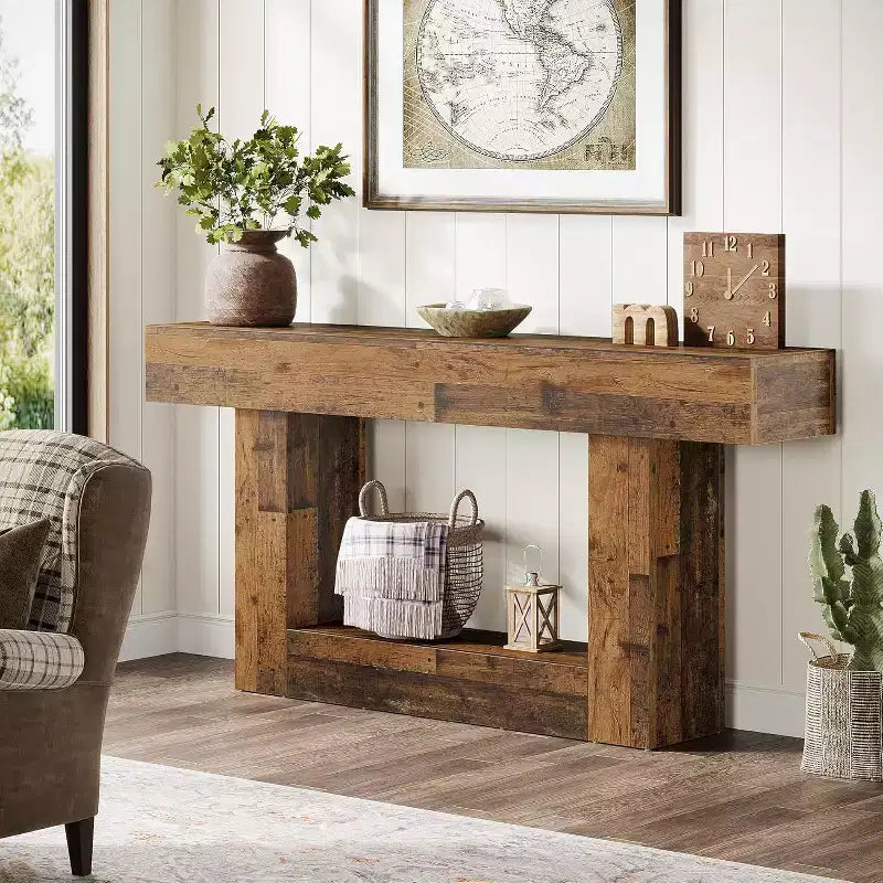 Table console Lantine de 63 pouces, Table d'entrée de style ferme à 2 niveaux avec base en U pour salon, couloir, foyer, marron mélangé