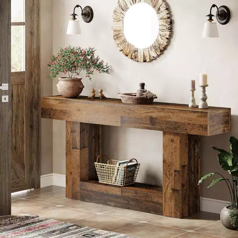 Table console Lantine de 63 pouces, Table d'entrée de style ferme à 2 niveaux avec base en U pour salon, couloir, foyer, marron mélangé