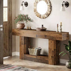 Table console Lantine de 63 pouces, Table d'entrée de style ferme à 2 niveaux avec base en U pour salon, couloir, foyer, marron mélangé