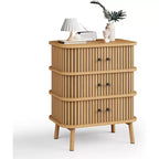 Commode 3 tiroirs de style scandinave, commode en bois avec façades en cannage et poignées noires pour chambre à coucher, chêne