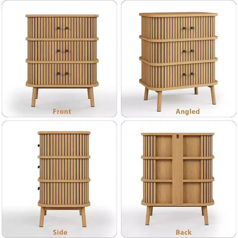 Commode 3 tiroirs de style scandinave, commode en bois avec façades en cannage et poignées noires pour chambre à coucher, chêne