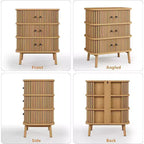 Commode 3 tiroirs de style scandinave, commode en bois avec façades en cannage et poignées noires pour chambre à coucher, chêne