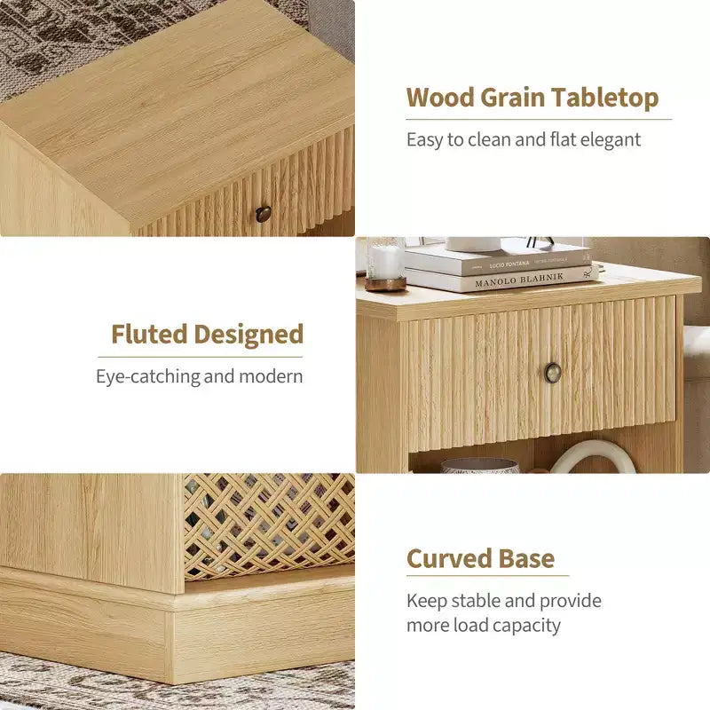 Table de chevet cannelée avec tiroir, Table d'appoint moderne avec étagère ouverte, Table de chevet peu encombrante avec base courbée pour chambre ou salon
