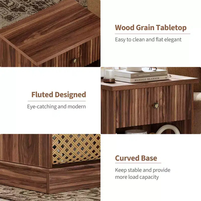 Table de chevet cannelée avec tiroir, Table d'appoint moderne avec étagère ouverte, Table de chevet peu encombrante avec base courbée pour chambre ou salon