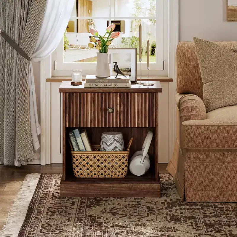 Fluted Nightstand with Drawer, Modern Side Table with Open Shelf, Space-Saving Bedside Table with Curved Base for Bedroom or Living Room