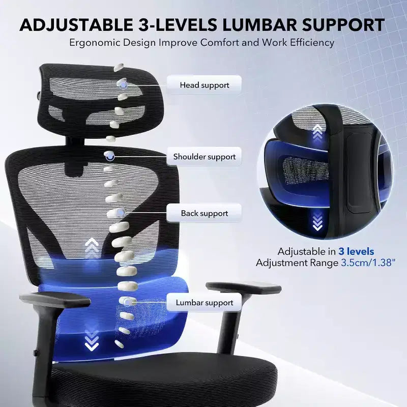 Fauteuil de bureau ergonomique avec repose-pieds réglable, soutien lombaire, fauteuil de bureau à domicile à dossier haut, fauteuil de jeu en maille avec accoudoirs 3D, appui-tête