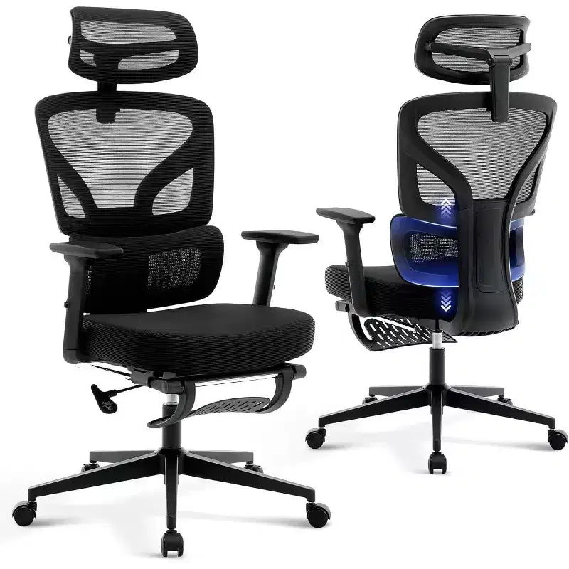 Fauteuil de bureau ergonomique avec repose-pieds réglable, soutien lombaire, fauteuil de bureau à domicile à dossier haut, fauteuil de jeu en maille avec accoudoirs 3D, appui-tête