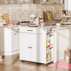 ACOINEL Rolling Kitchen Island with Power Outlet & Spice Rack - White Kitchen Storage Cart with Drawer, Lockable Wheels