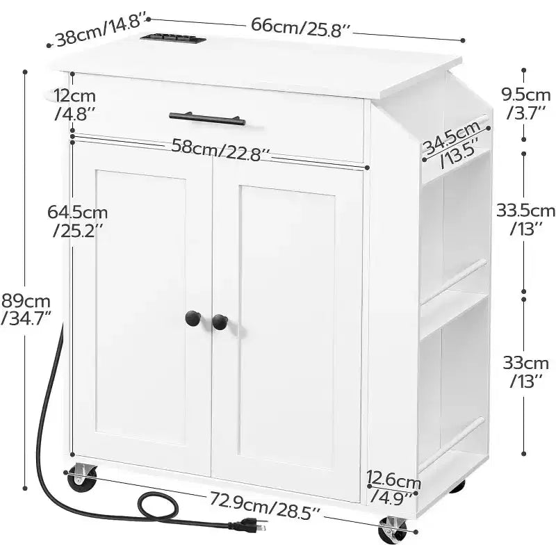 ACOINEL Desserte de cuisine roulante avec prise de courant et étagère à épices - Chariot de rangement de cuisine blanc avec tiroir et roulettes verrouillables