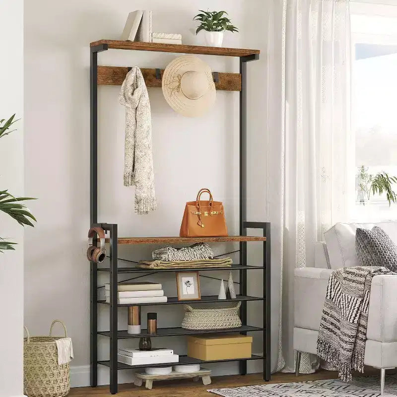Porte-manteau ACOINEL avec banc, porte-manteau industriel et rangement à chaussures 5 niveaux, 5 crochets pouvant contenir 12 à 16 paires de chaussures pour entrée, couloir, vestibule