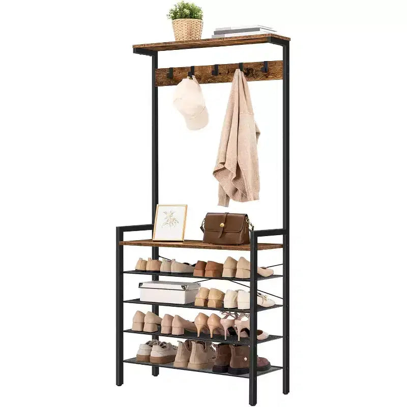 Porte-manteau ACOINEL avec banc, porte-manteau industriel et rangement à chaussures 5 niveaux, 5 crochets pouvant contenir 12 à 16 paires de chaussures pour entrée, couloir, vestibule
