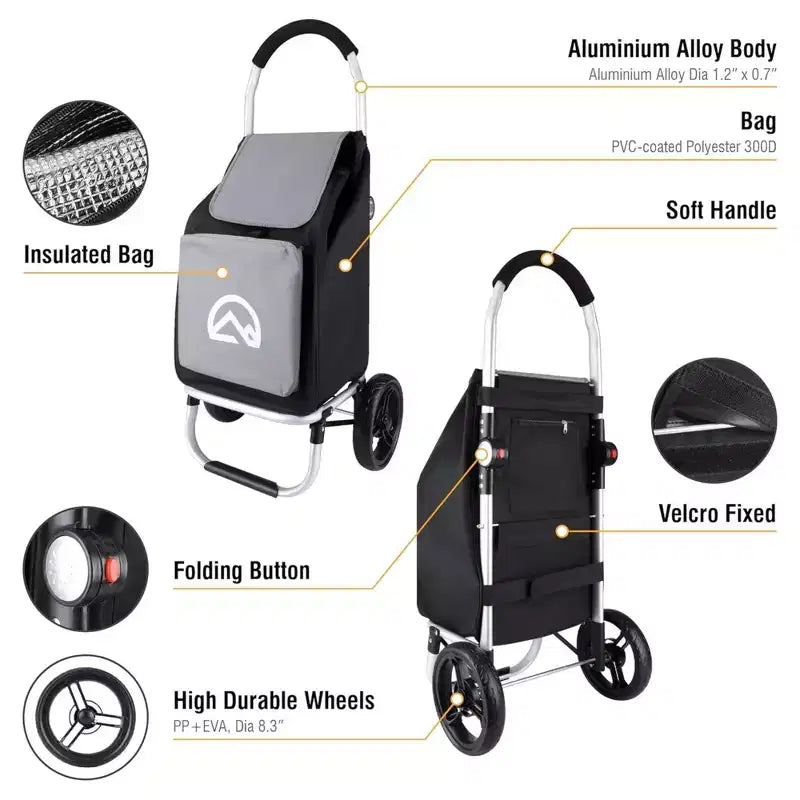 Chariot de courses utilitaire pliable en aluminium Olympia Tools avec roues et sac amovible