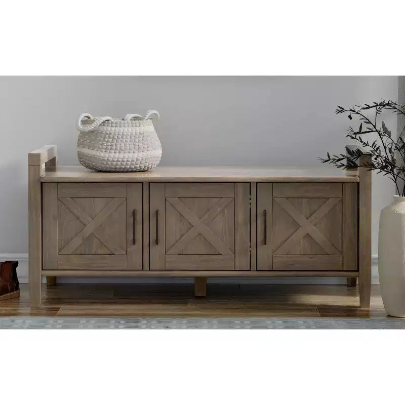 Banc de rangement transitionnel en bois massif Cantina de 112 cm de large, couleur brun fumé