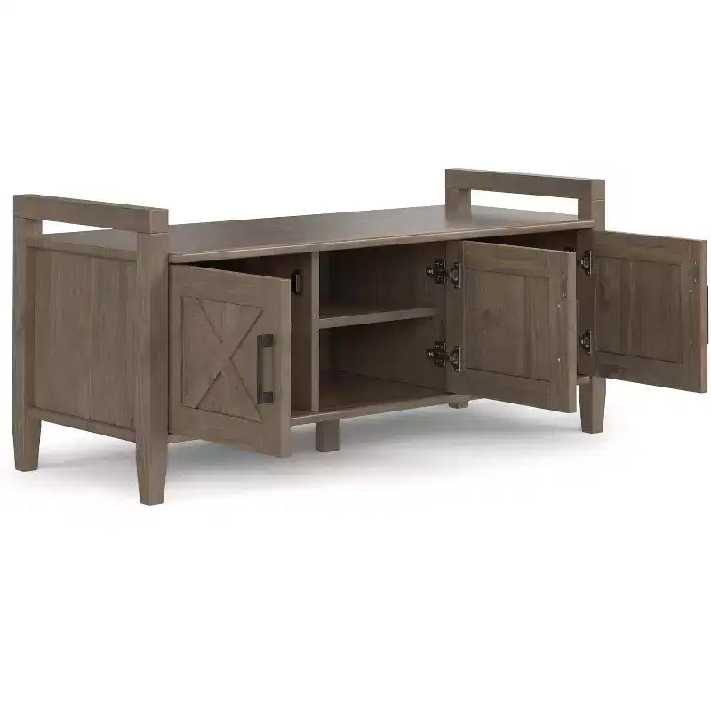 Banc de rangement transitionnel en bois massif Cantina de 112 cm de large, couleur brun fumé