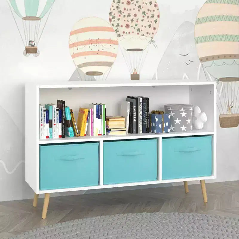 Étagère à livres pour enfants avec tiroirs en tissu pliables, présentoir à livres pour enfants, meuble de rangement de jouets, blanc/bleu