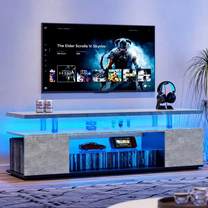 Meuble TV JVNOXK pour téléviseur de 55 pouces, meuble de divertissement LED pour jeux, console de rangement multimédia avec grand placard latéral pour salon (gris+noir)