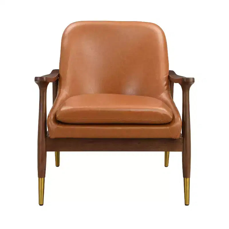 Fauteuil d'appoint mi-siècle de 74,2 cm en similicuir avec coussin d'assise, structure en bois massif, pour salon
