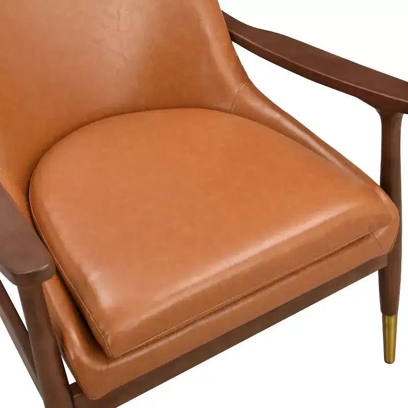 Fauteuil d'appoint mi-siècle de 74,2 cm en similicuir avec coussin d'assise, structure en bois massif, pour salon