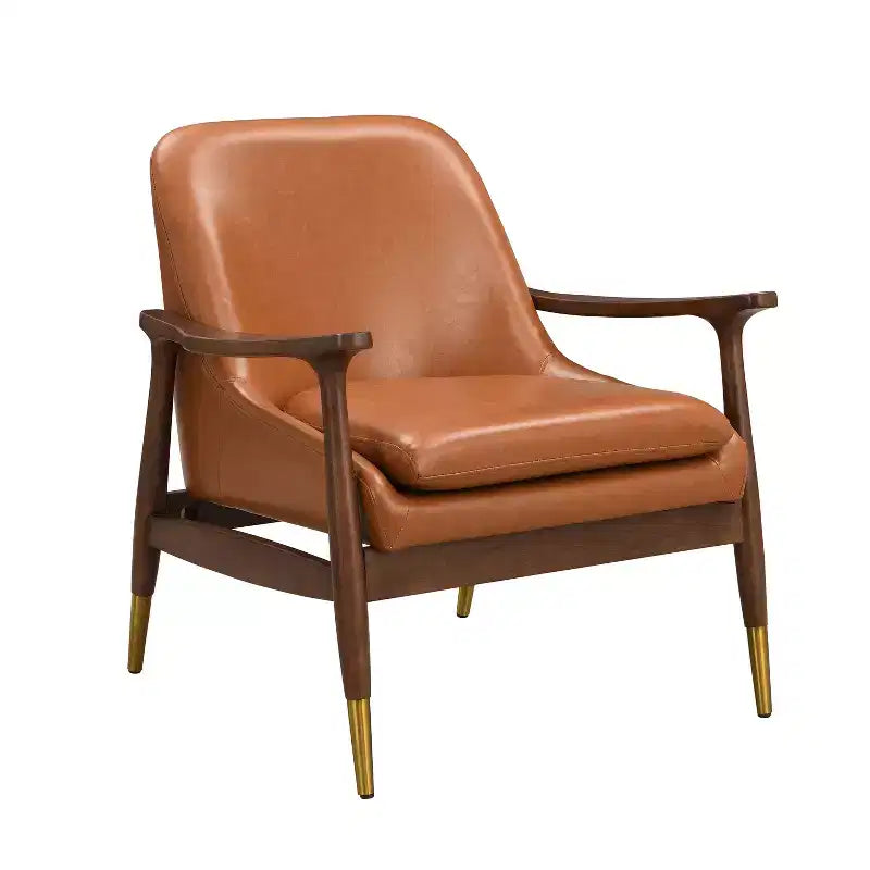 Fauteuil d'appoint mi-siècle de 74,2 cm en similicuir avec coussin d'assise, structure en bois massif, pour salon