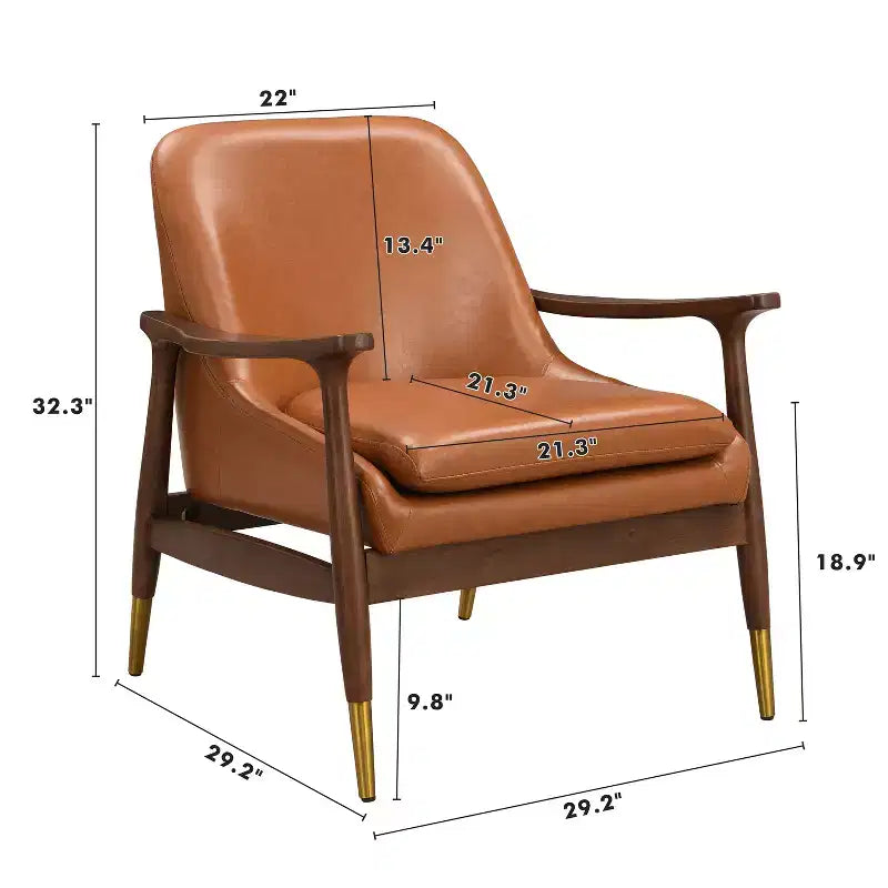 Fauteuil d'appoint mi-siècle de 74,2 cm en similicuir avec coussin d'assise, structure en bois massif, pour salon