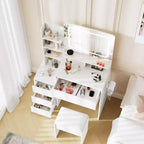 Coiffeuse moderne avec miroir LED et éclairage réglable, table de maquillage de 91,4 cm avec 4 tiroirs, étagères de rangement, prise de courant, ports USB, pour chambre à coucher