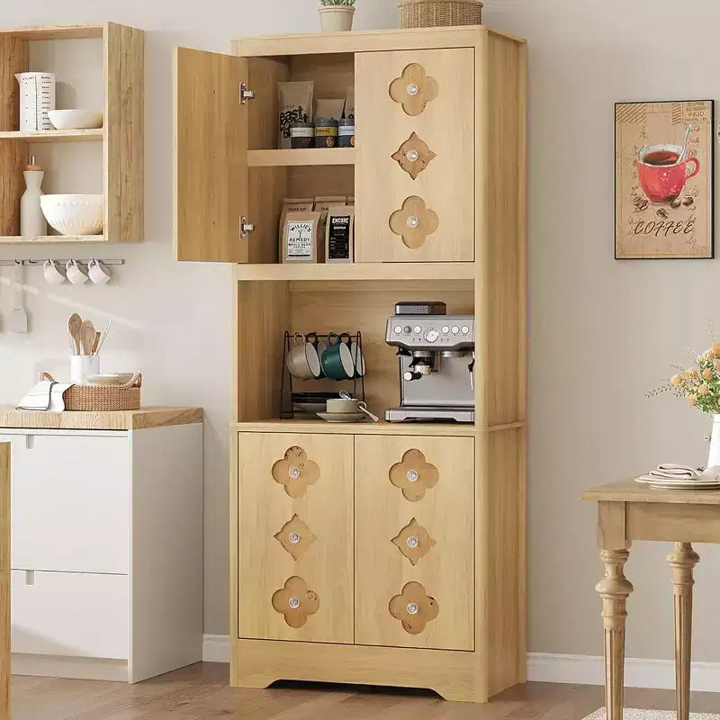 Garde-manger haut de cuisine de 72 po – Armoire vaisselier autoportante en bois avec porte sculptée et poignée en cristal pour salle à manger/salon