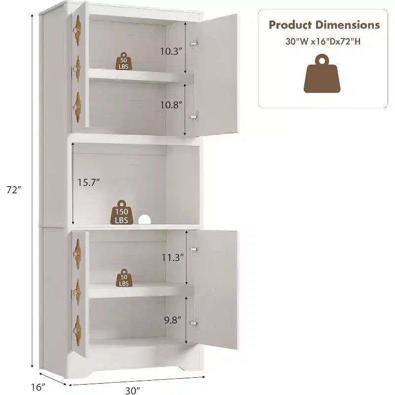 Garde-manger haut de cuisine de 72 po – Armoire vaisselier autoportante en bois avec porte sculptée et poignée en cristal pour salle à manger/salon