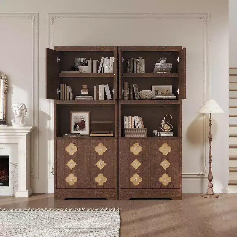 Garde-manger haut de cuisine de 72 po – Armoire vaisselier autoportante en bois avec porte sculptée et poignée en cristal pour salle à manger/salon