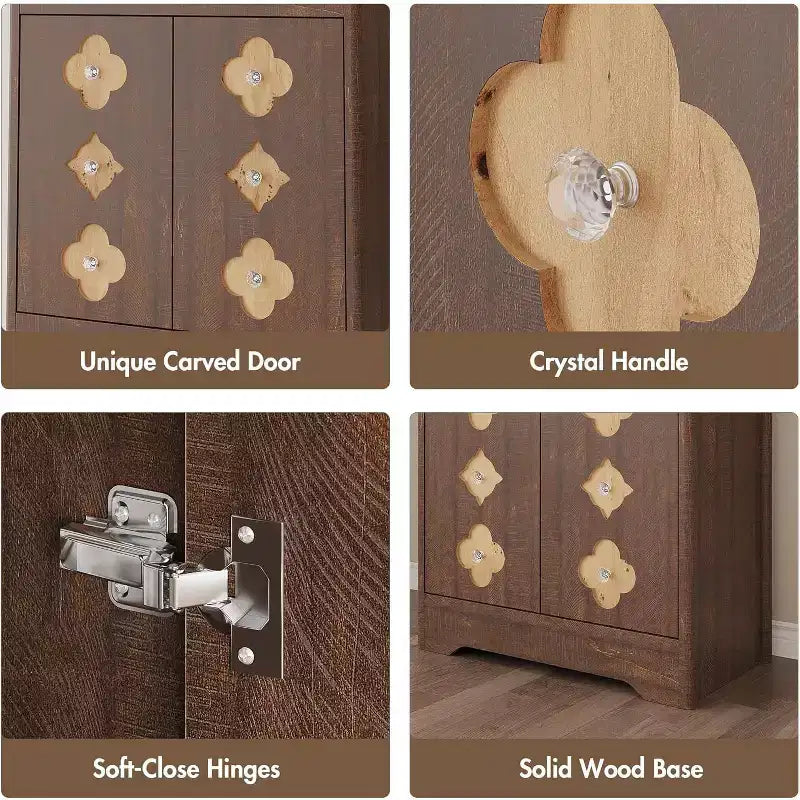 Garde-manger haut de cuisine de 72 po – Armoire vaisselier autoportante en bois avec porte sculptée et poignée en cristal pour salle à manger/salon